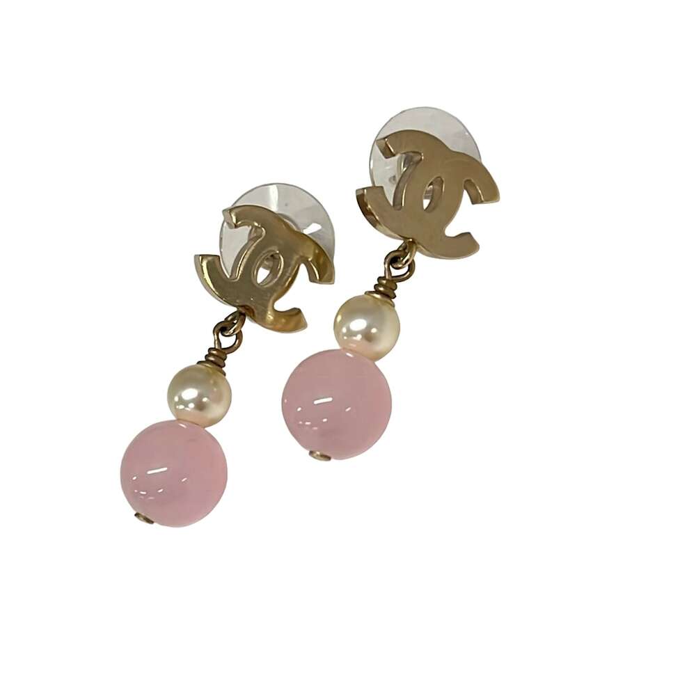 Chanel Coco Earrings Gold Light Pink White Hardware Plastic Faux Pearl